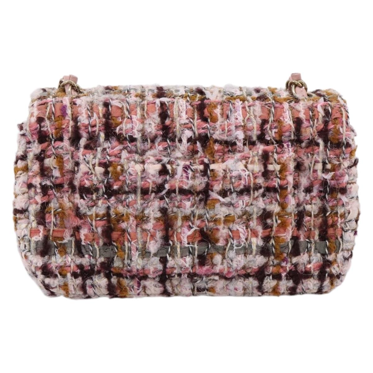 CHANEL Matelasse 20 Chain Shoulder Bag Tweed Pink Gold Tone CC Auth BA14811SM