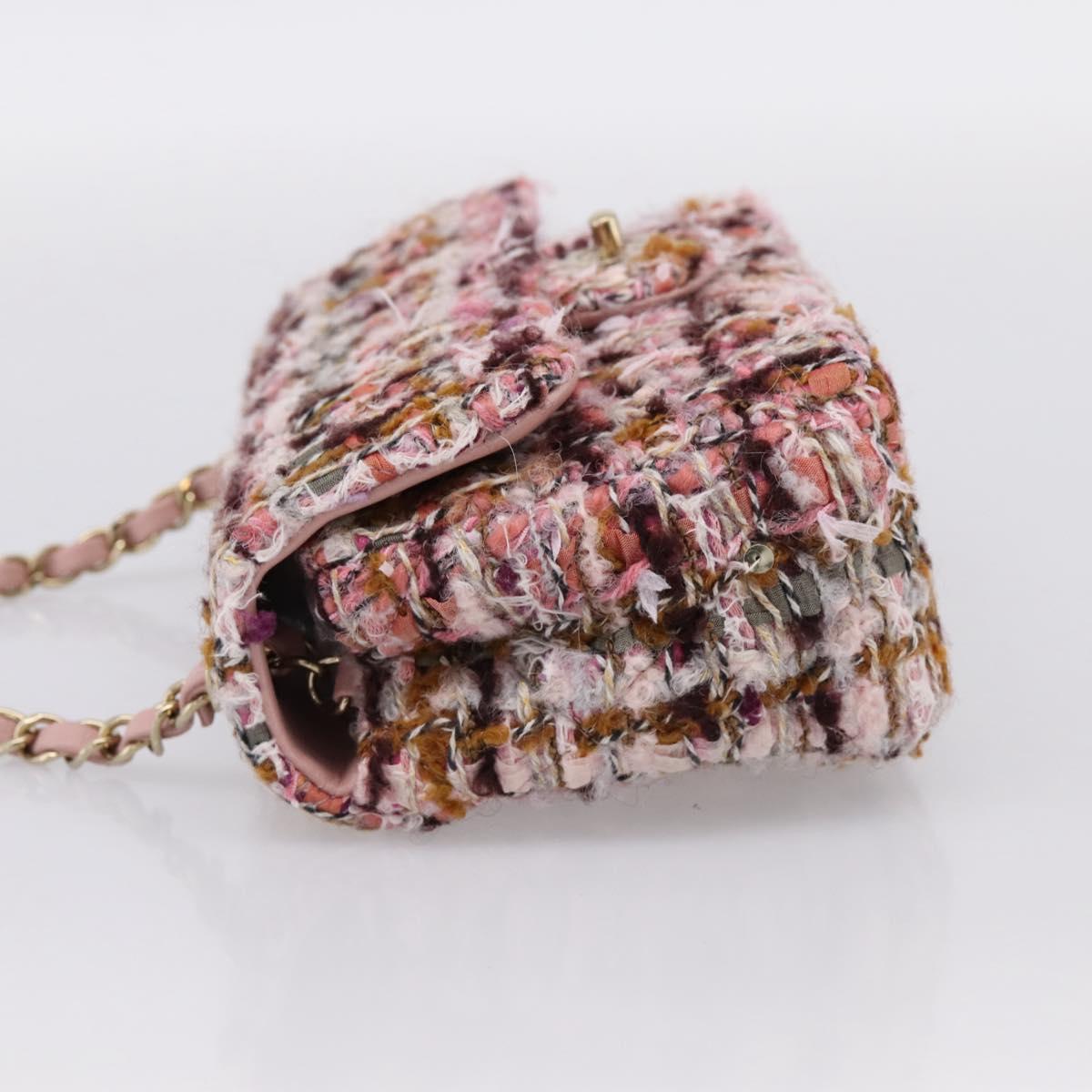 CHANEL Matelasse 20 Chain Shoulder Bag Tweed Pink Gold Tone CC Auth BA14811SM