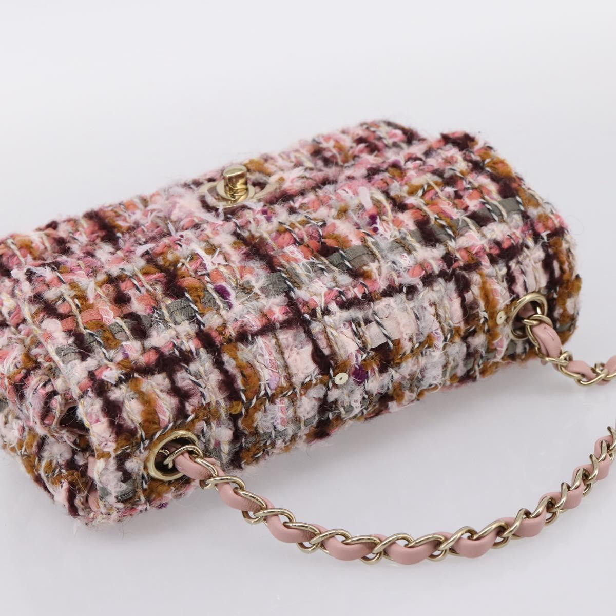CHANEL Matelasse 20 Chain Shoulder Bag Tweed Pink Gold Tone CC Auth BA14811SM