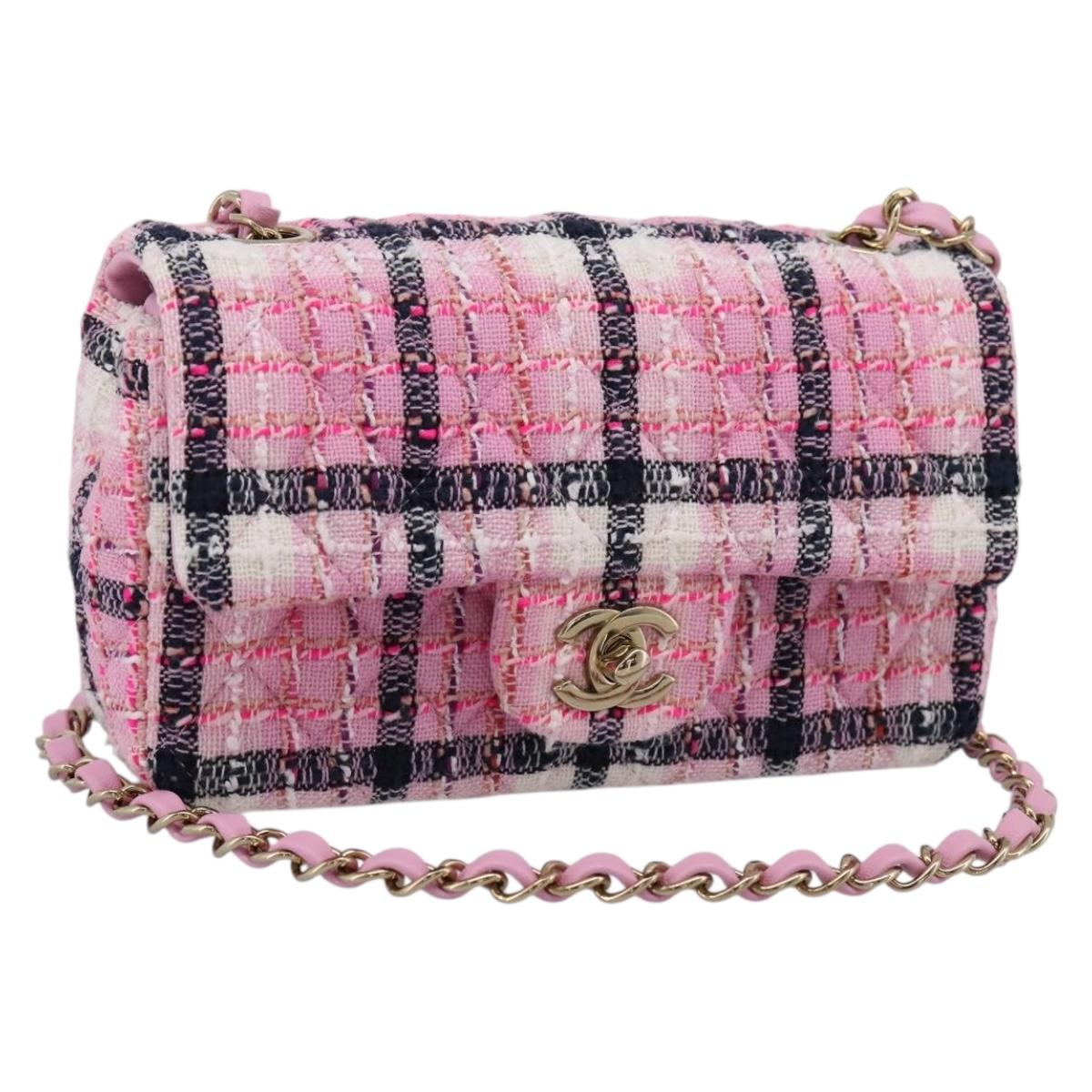 CHANEL Matelasse 20 Chain Shoulder Bag Tweed Pink Gold Tone CC Auth BA14813SM