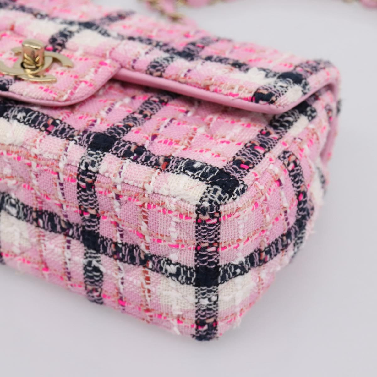 CHANEL Matelasse 20 Chain Shoulder Bag Tweed Pink Gold Tone CC Auth BA14813SM