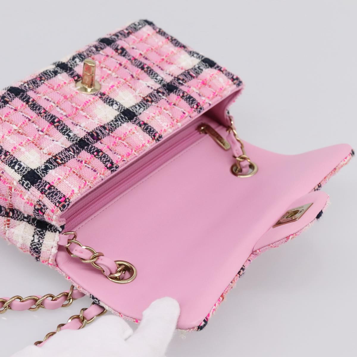 CHANEL Matelasse 20 Chain Shoulder Bag Tweed Pink Gold Tone CC Auth BA14813SM