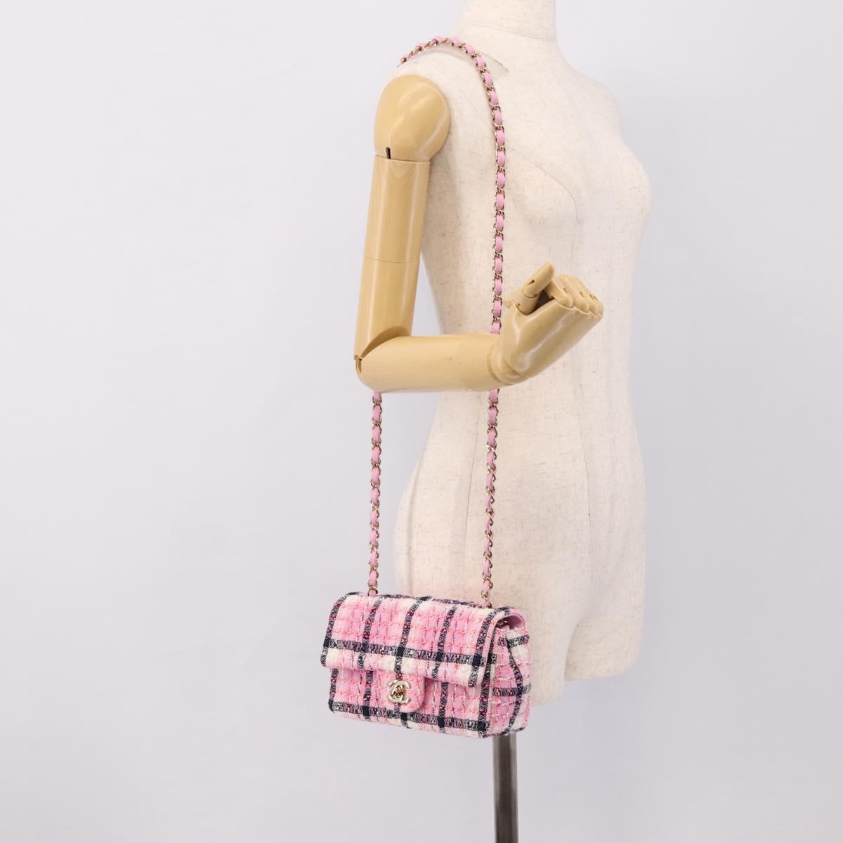 CHANEL Matelasse 20 Chain Shoulder Bag Tweed Pink Gold Tone CC Auth BA14813SM