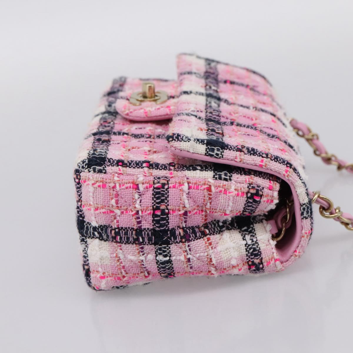 CHANEL Matelasse 20 Chain Shoulder Bag Tweed Pink Gold Tone CC Auth BA14813SM