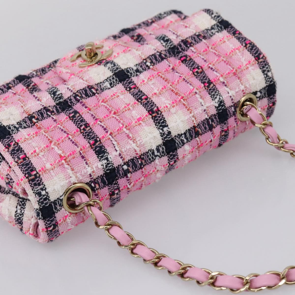 CHANEL Matelasse 20 Chain Shoulder Bag Tweed Pink Gold Tone CC Auth BA14813SM