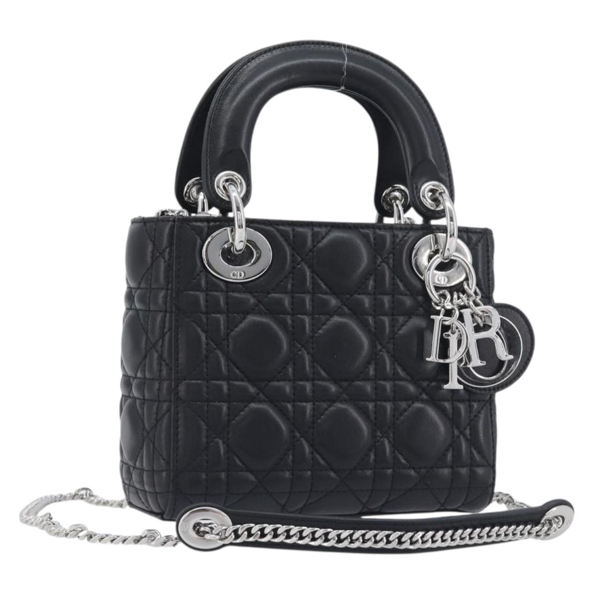 Christian Dior Lady Dior Hand Bag Lamb Skin 2way Black Silver Auth BA14814SM