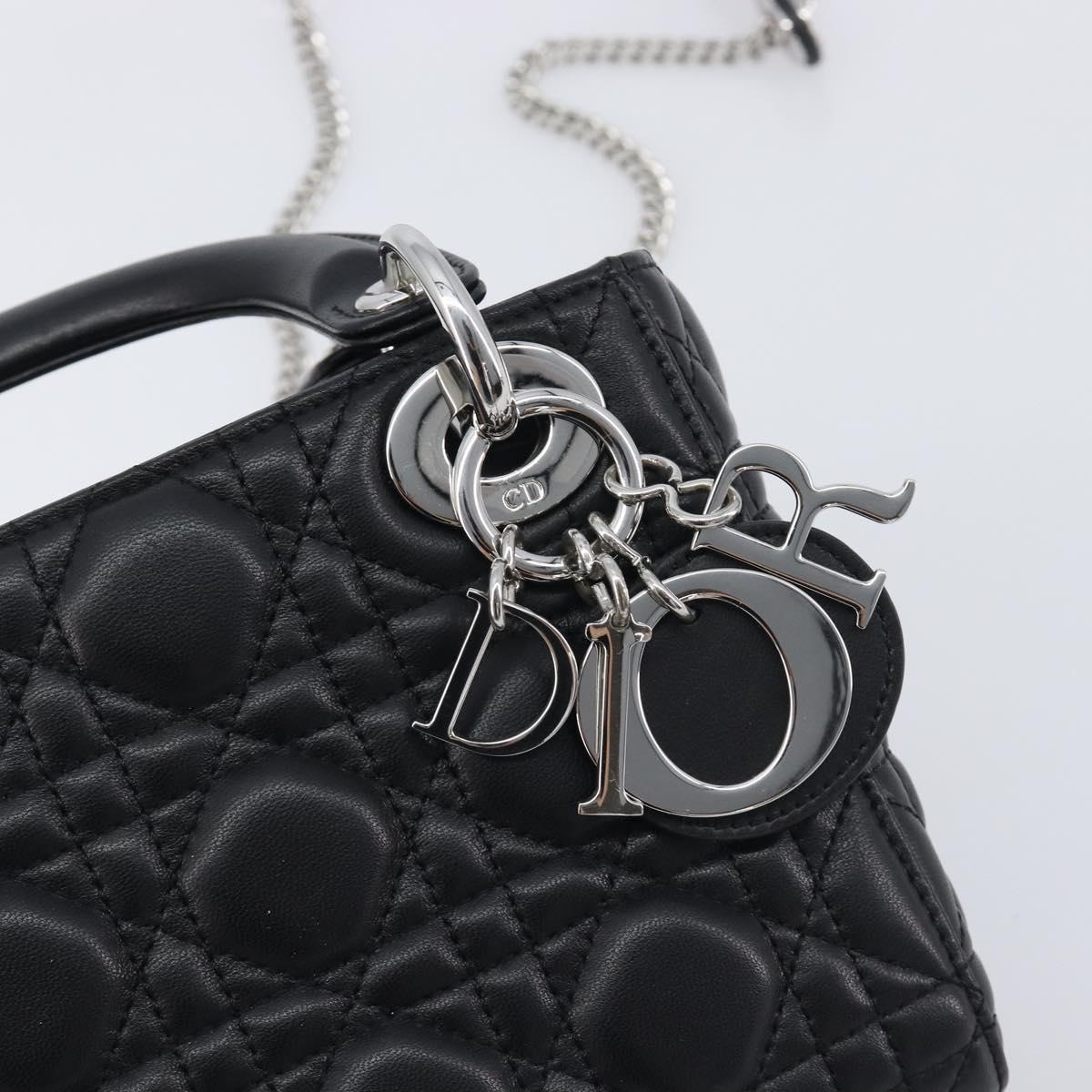 Christian Dior Lady Dior Hand Bag Lamb Skin 2way Black Silver Auth BA14814SM