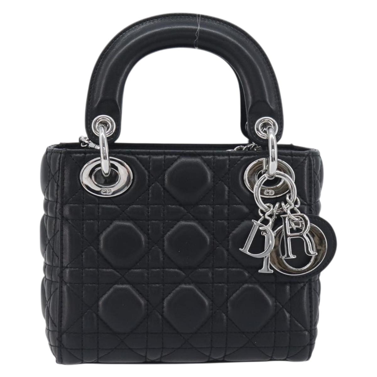 Christian Dior Lady Dior Hand Bag Lamb Skin 2way Black Silver Auth BA14814SM