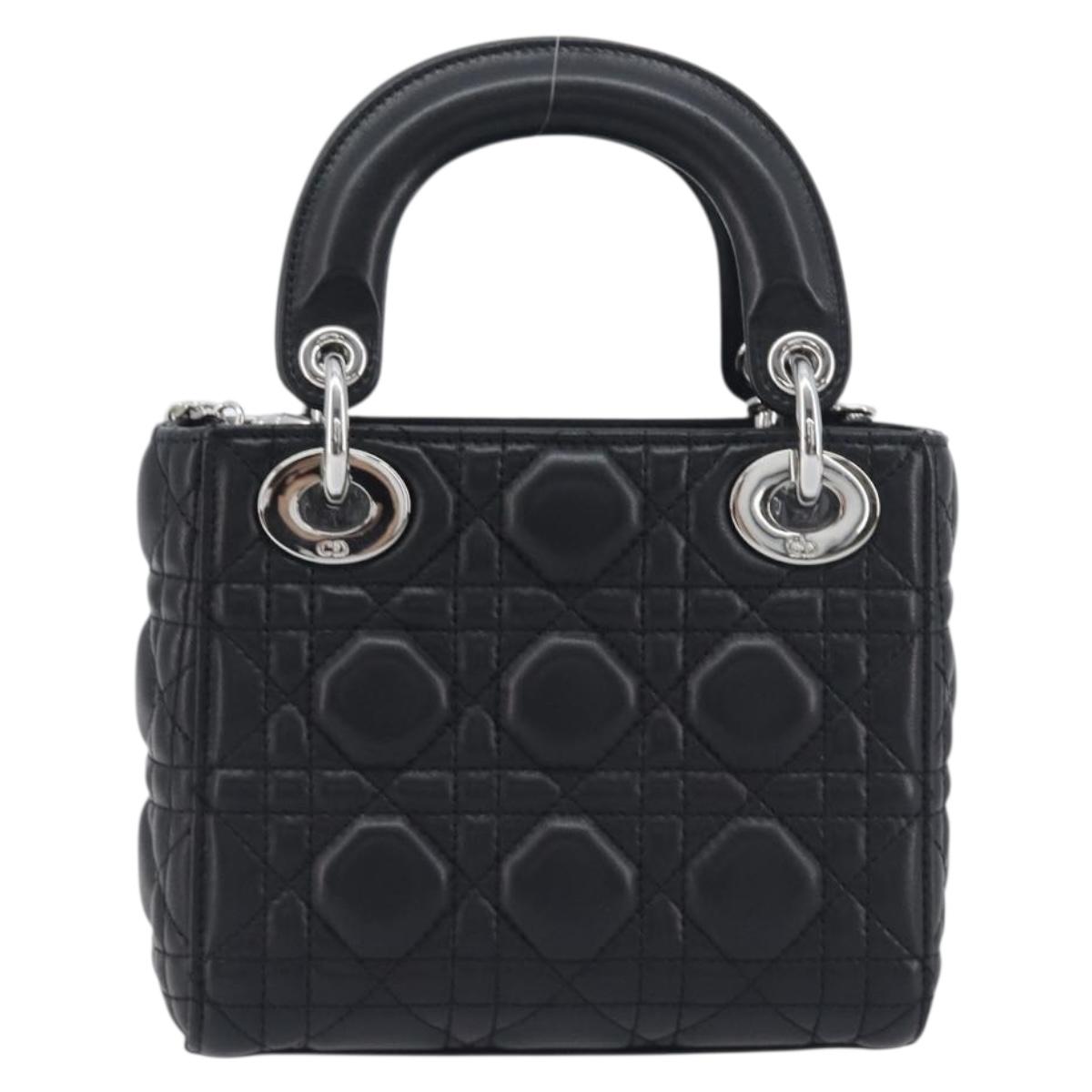 Christian Dior Lady Dior Hand Bag Lamb Skin 2way Black Silver Auth BA14814SM