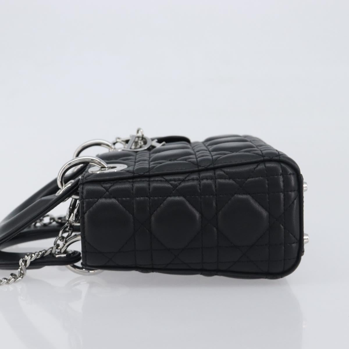 Christian Dior Lady Dior Hand Bag Lamb Skin 2way Black Silver Auth BA14814SM