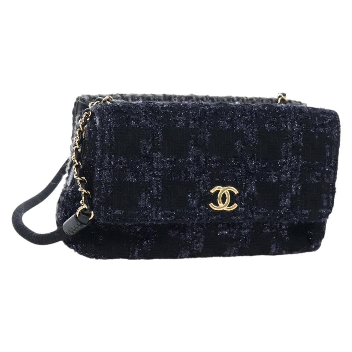 CHANEL Chain Shoulder Bag Tweed Black Gold Tone CC Auth BA14816SM