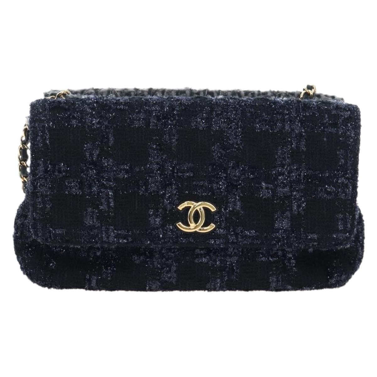 CHANEL Chain Shoulder Bag Tweed Black Gold Tone CC Auth BA14816SM