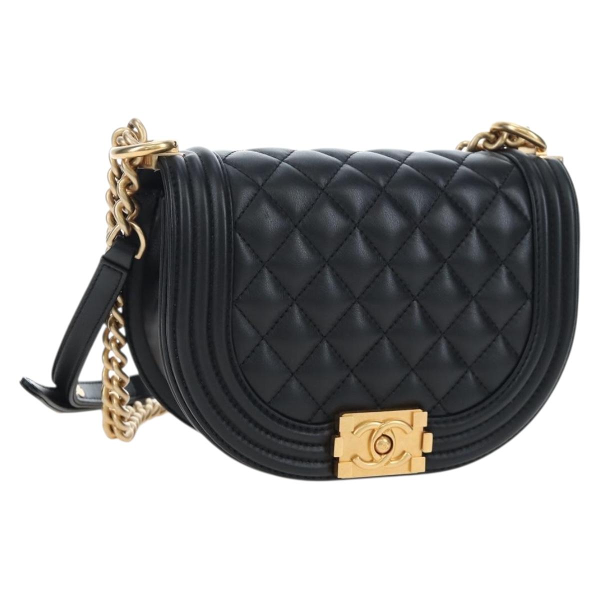 CHANEL Boy Chanel Chain Shoulder Bag Lamb Skin Black Gold CC Auth BA14817SAM