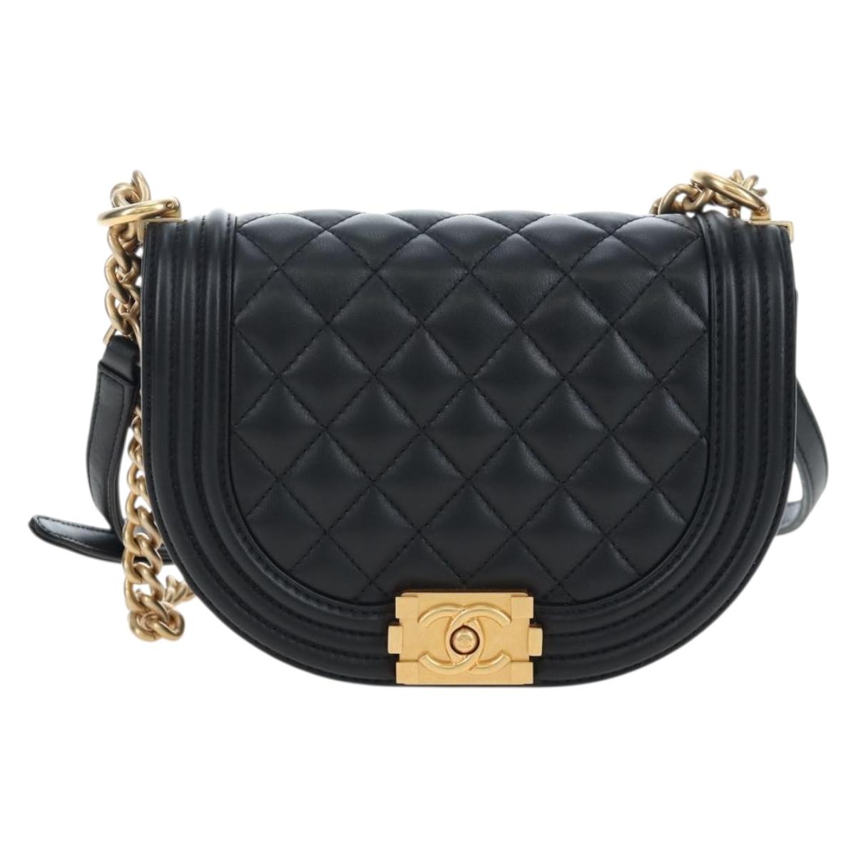 CHANEL Boy Chanel Chain Shoulder Bag Lamb Skin Black Gold CC Auth BA14817SAM