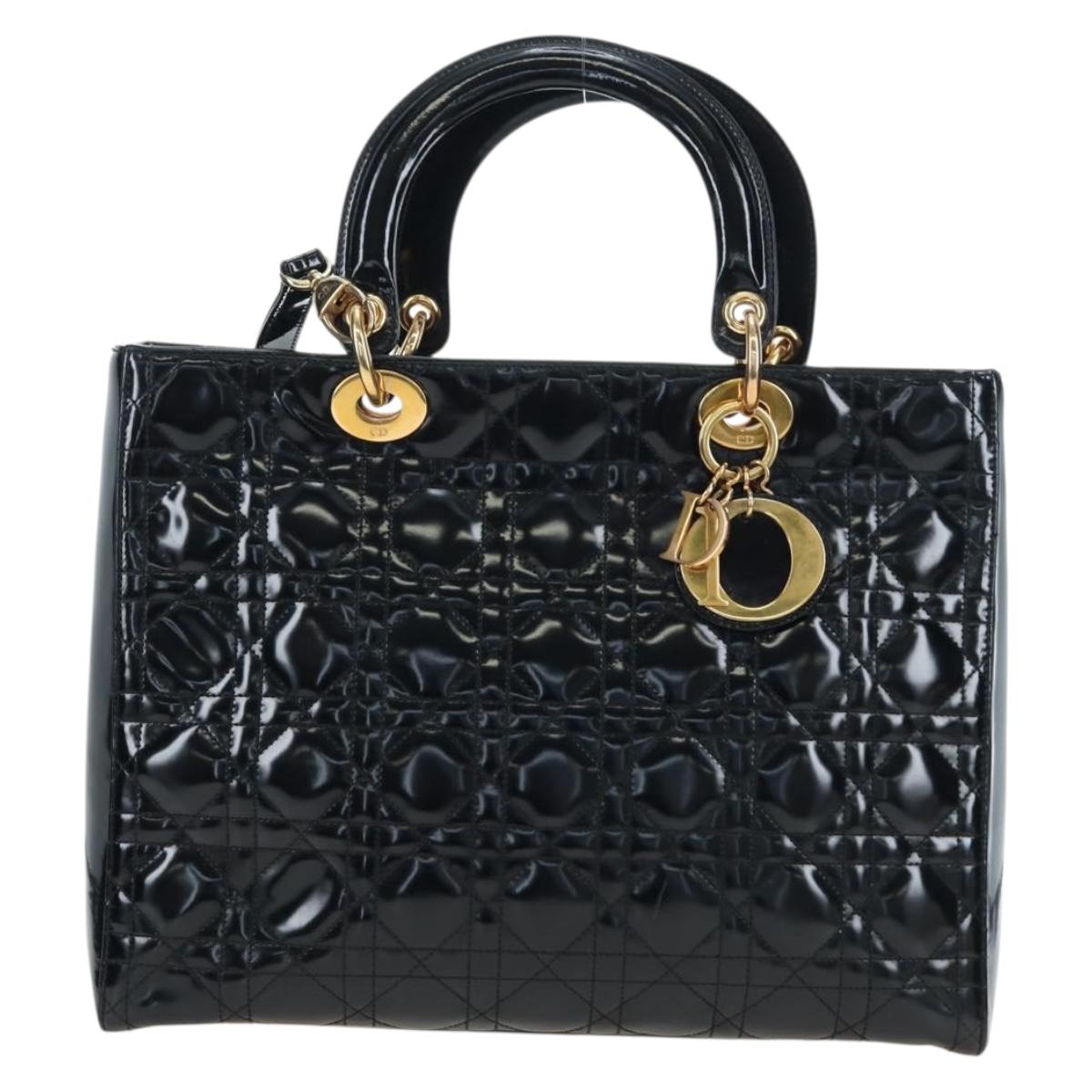 Christian Dior Lady Dior Hand Bag Patent 2way Black Gold Tone Auth BA14818V