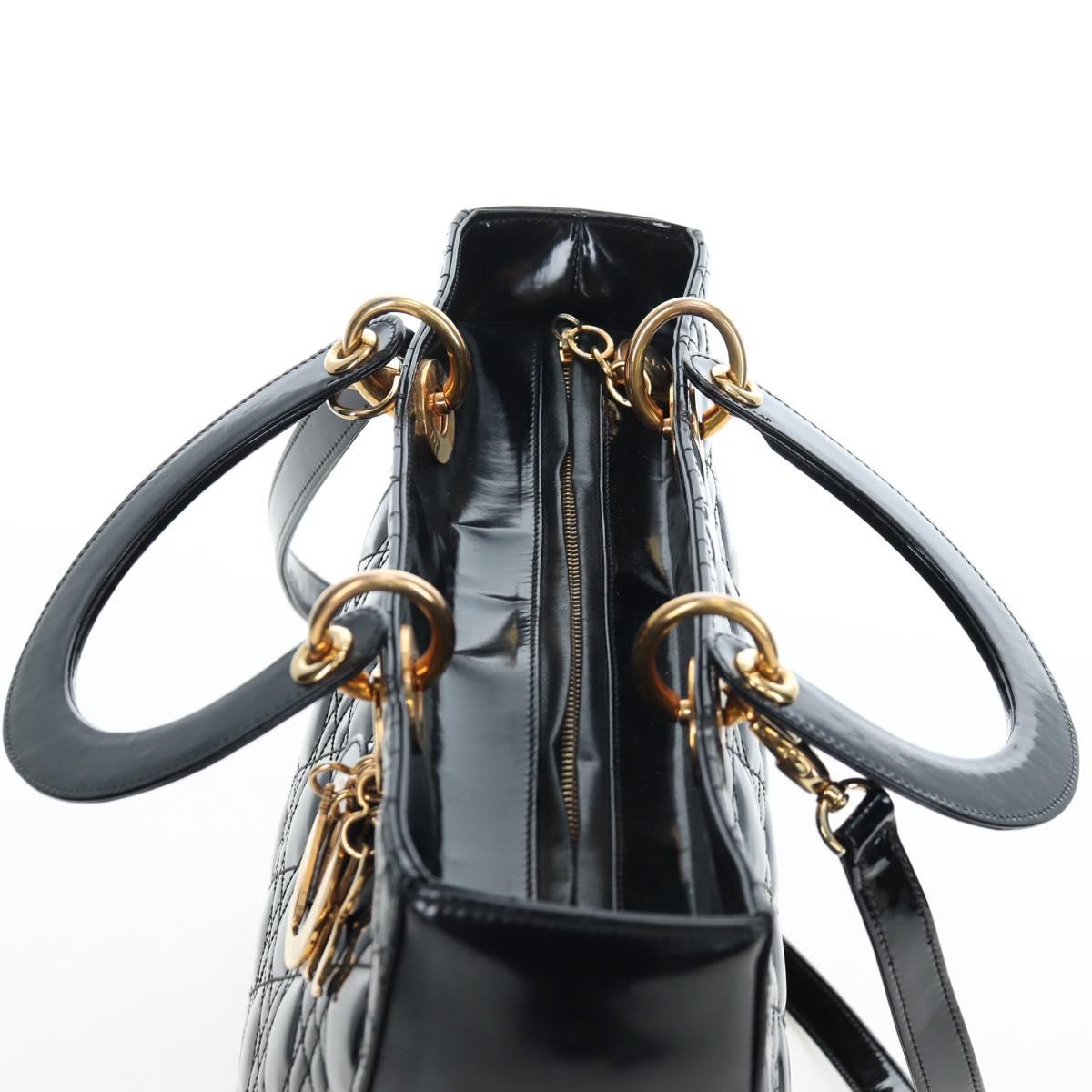 Christian Dior Lady Dior Hand Bag Patent 2way Black Gold Tone Auth BA14818V
