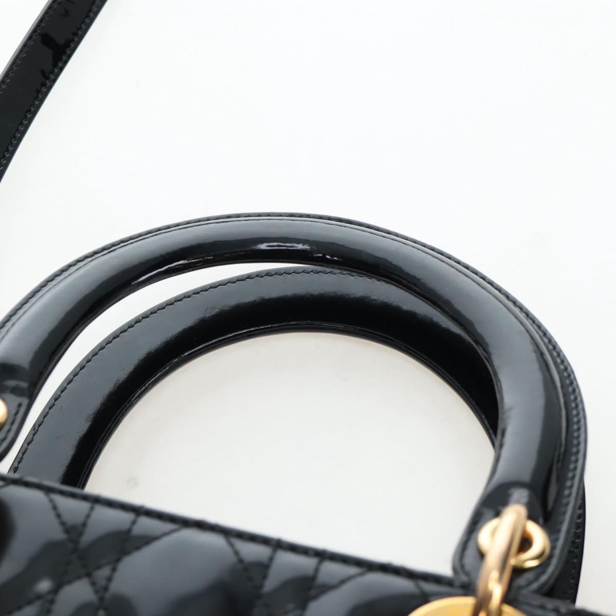 Christian Dior Lady Dior Hand Bag Patent 2way Black Gold Tone Auth BA14818V