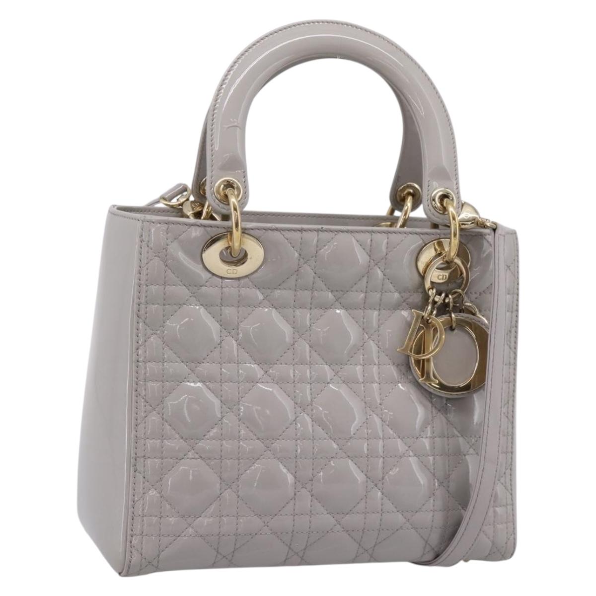 Christian Dior Lady Dior Hand Bag Patent 2way Gray Gold Auth BA14819SAM