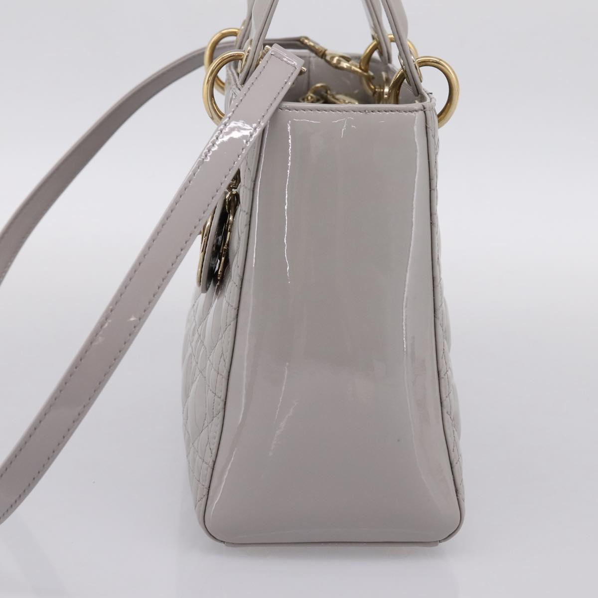 Christian Dior Lady Dior Hand Bag Patent 2way Gray Gold Auth BA14819SAM
