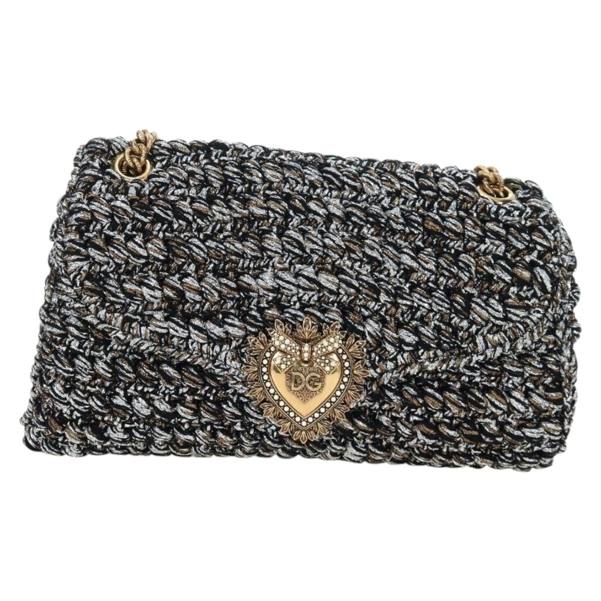 DOLCE&GABBANA Devotion Chain Shoulder Bag Tweed Black Gold Tone Auth BA14821SAM