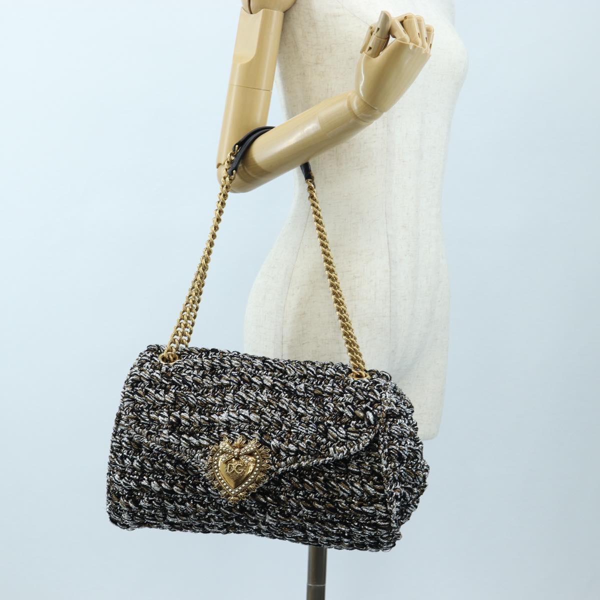 DOLCE&GABBANA Devotion Chain Shoulder Bag Tweed Black Gold Tone Auth BA14821SAM