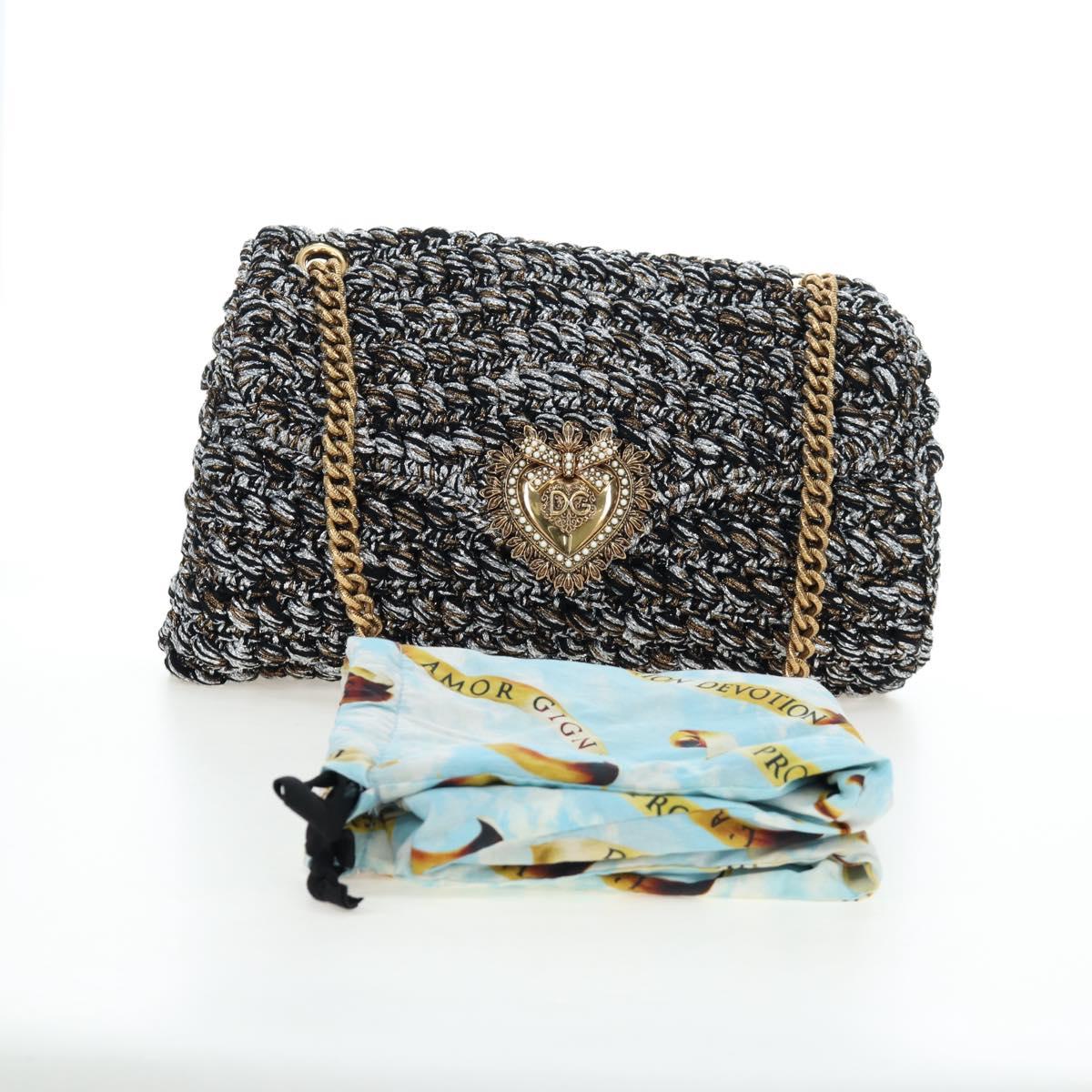 DOLCE&GABBANA Devotion Chain Shoulder Bag Tweed Black Gold Tone Auth BA14821SAM
