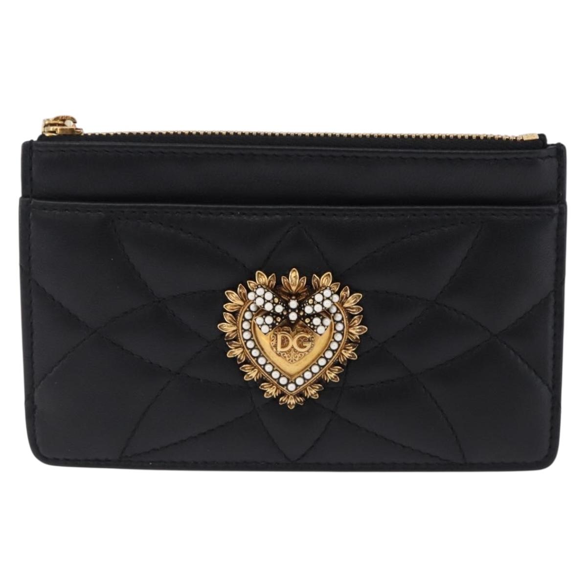 DOLCE&GABBANA Devotion Card Holder Medium Leather Black Gold Tone Auth BA14822V