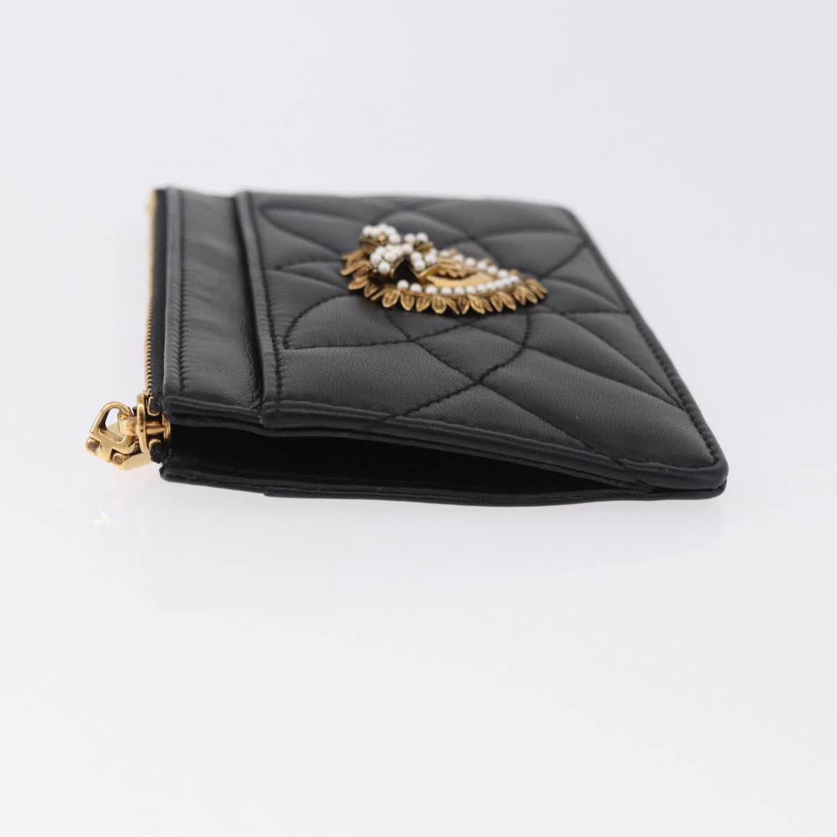 DOLCE&GABBANA Devotion Card Holder Medium Leather Black Gold Tone Auth BA14822V