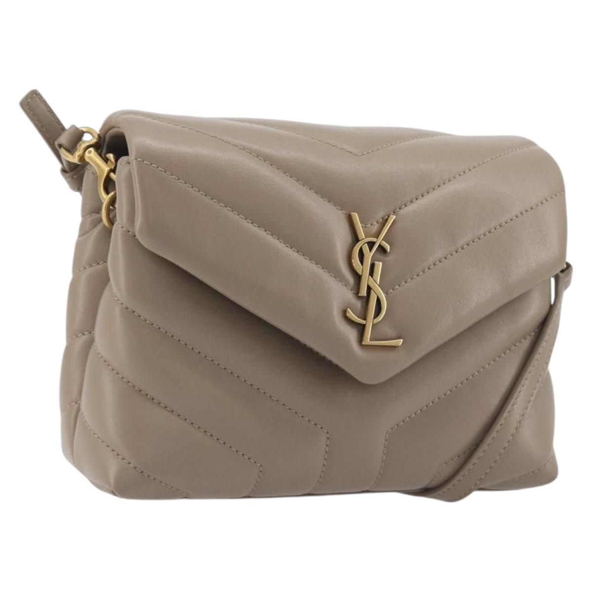 SAINT LAURENT Lulu Shoulder Bag Leather Beige Gold Tone 467072 Auth BA14823V