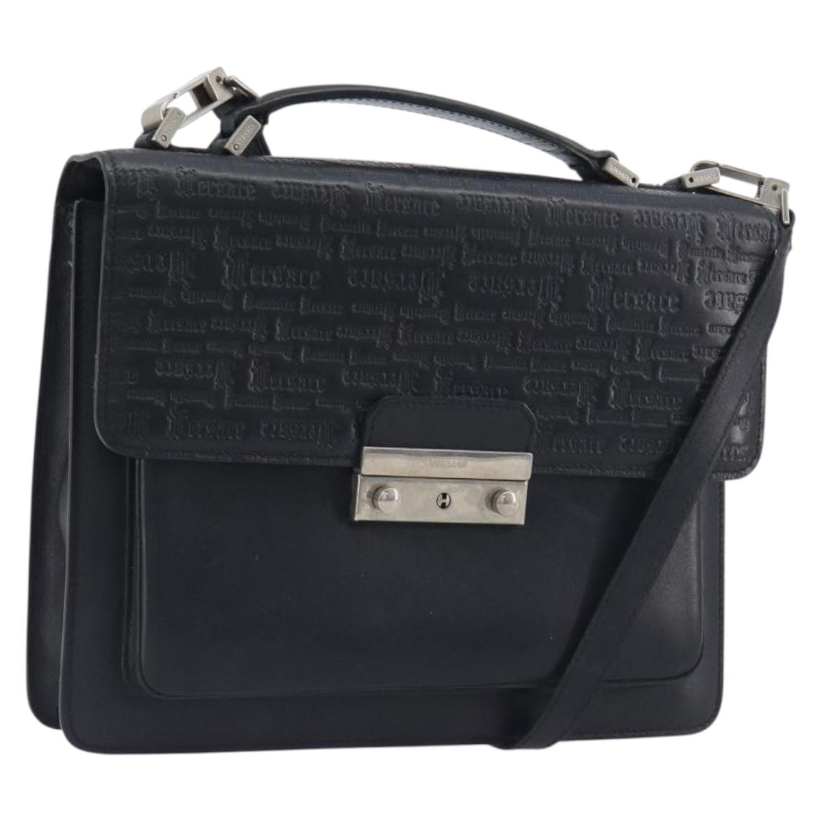 VERSACE Hand Bag Leather 2way Black Silver Auth BA14829