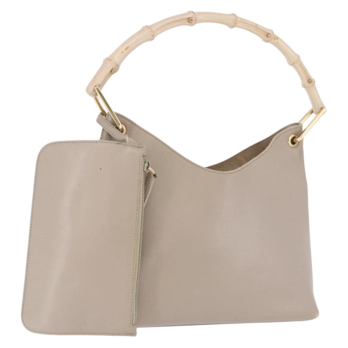 GUCCI Bamboo Shoulder Bag Leather Beige Gold Tone 001 2058 1883 Auth BA14832