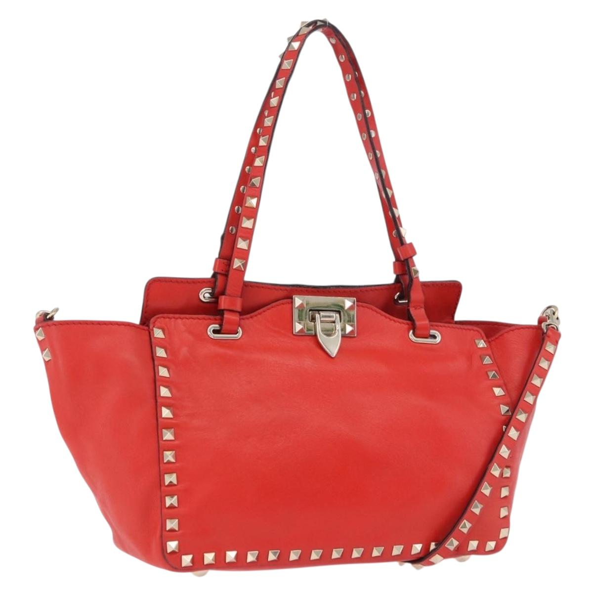 VALENTINO Studs Tote Bag Leather 2way Red Gold Tone Auth BA14871