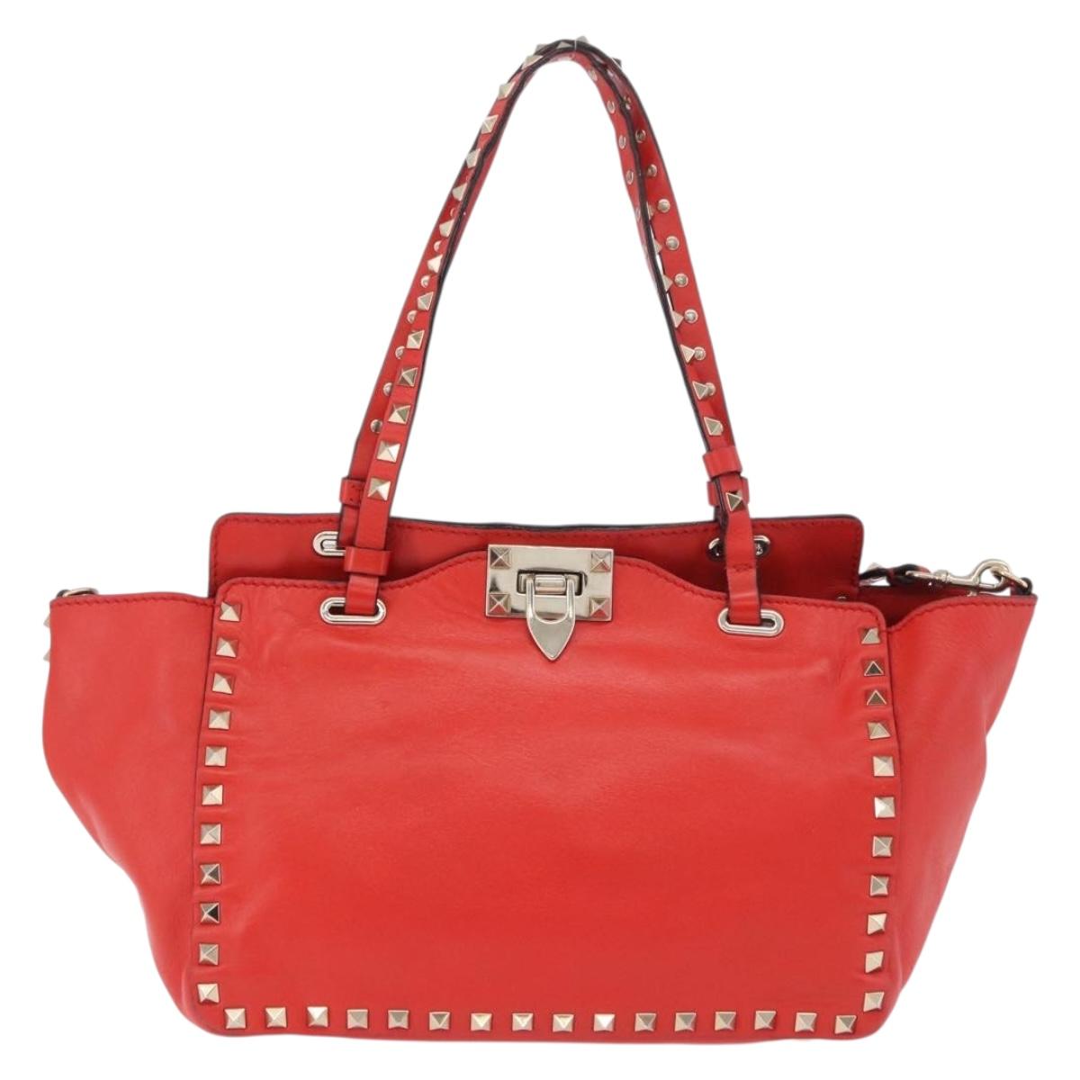 VALENTINO Studs Tote Bag Leather 2way Red Gold Tone Auth BA14871