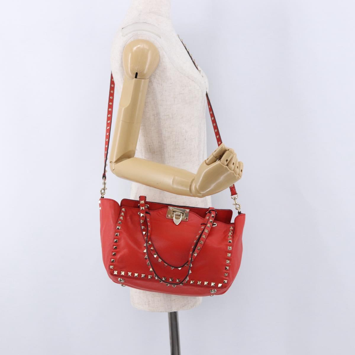 VALENTINO Studs Tote Bag Leather 2way Red Gold Tone Auth BA14871