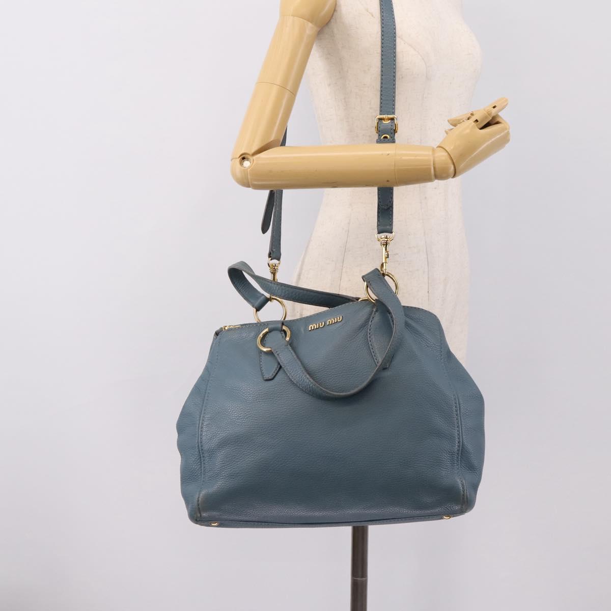 Miu Miu Tote Bag Leather 2way Blue Gold Tone Auth BA14873