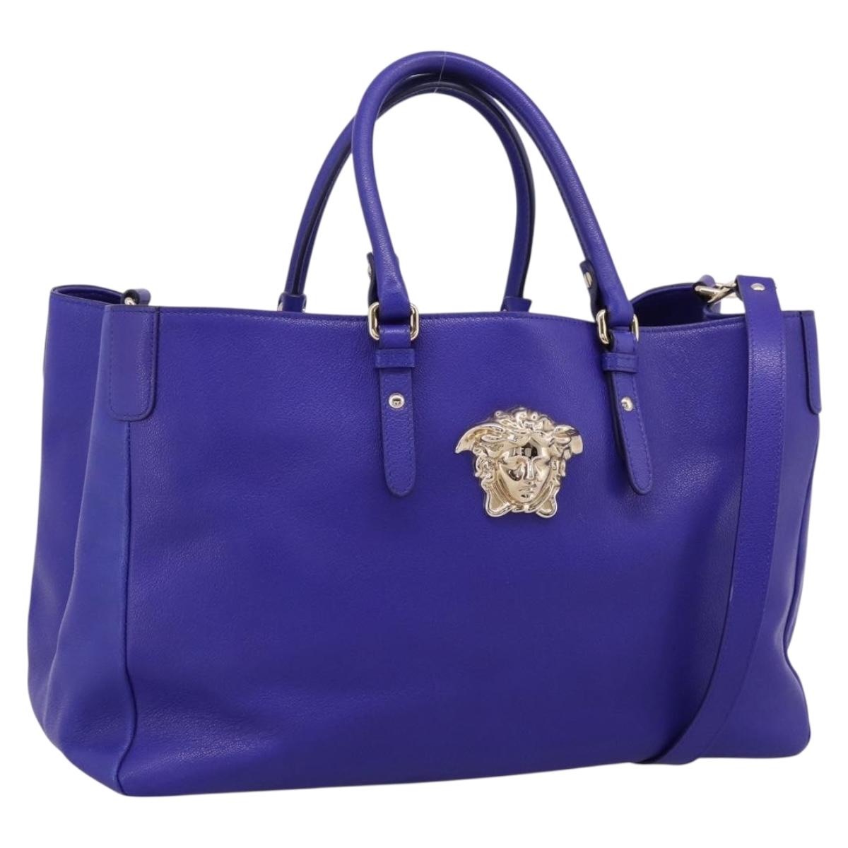 VERSACE Medusa Tote Bag Leather 2way Blue Gold Tone Auth BA14875V