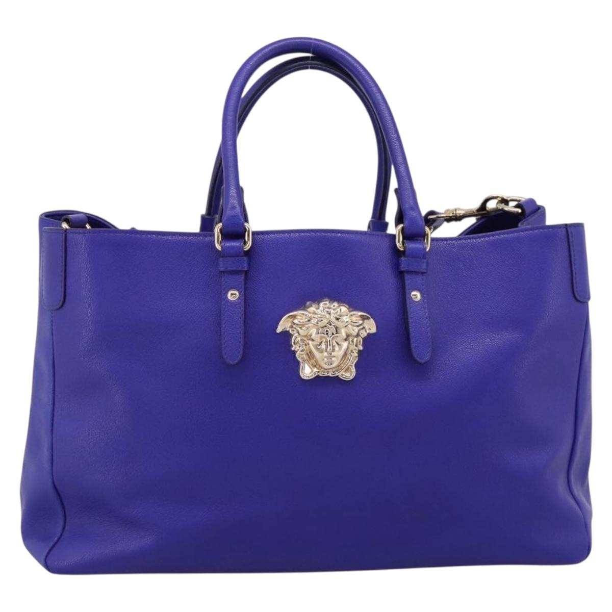 VERSACE Medusa Tote Bag Leather 2way Blue Gold Tone Auth BA14875V