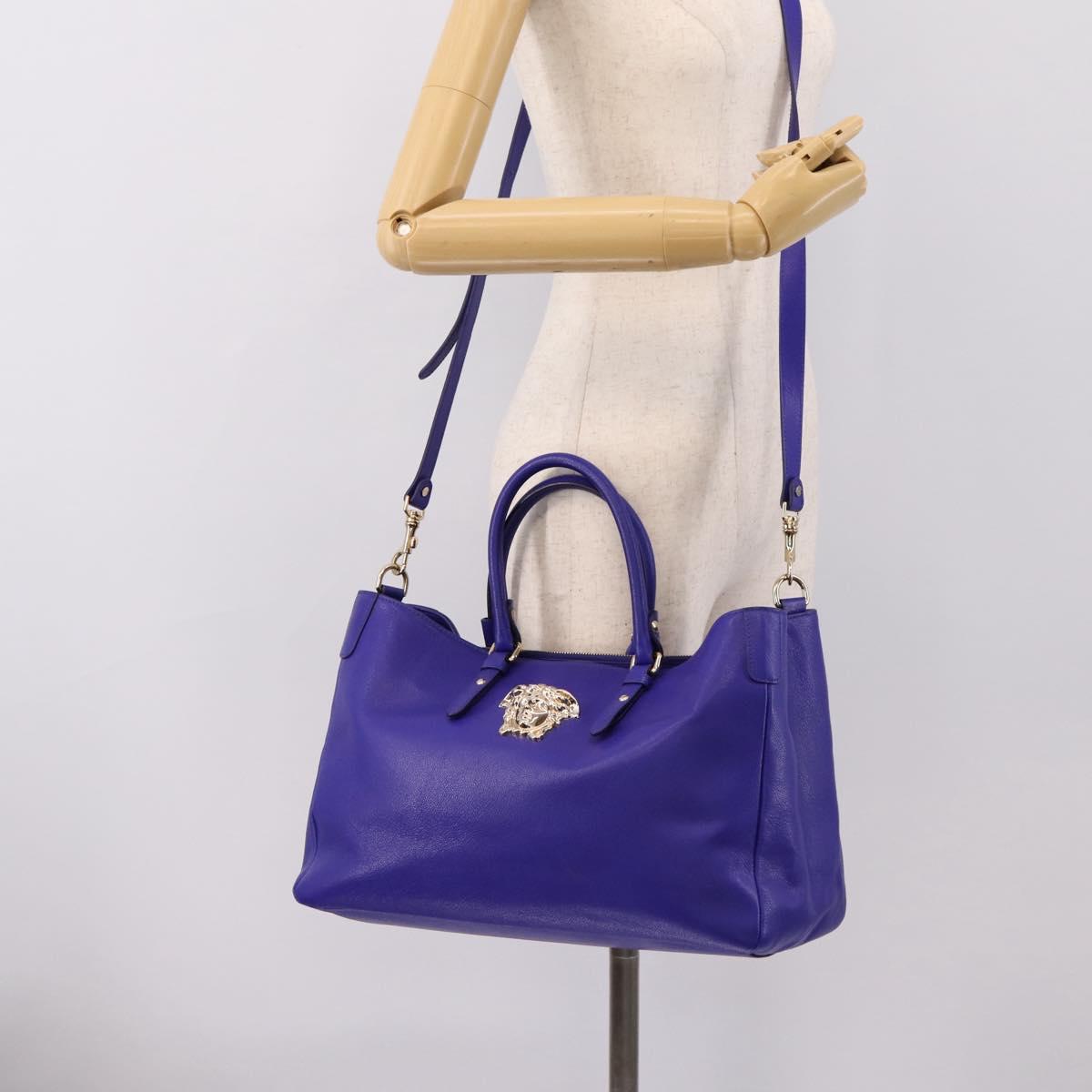 VERSACE Medusa Tote Bag Leather 2way Blue Gold Tone Auth BA14875V