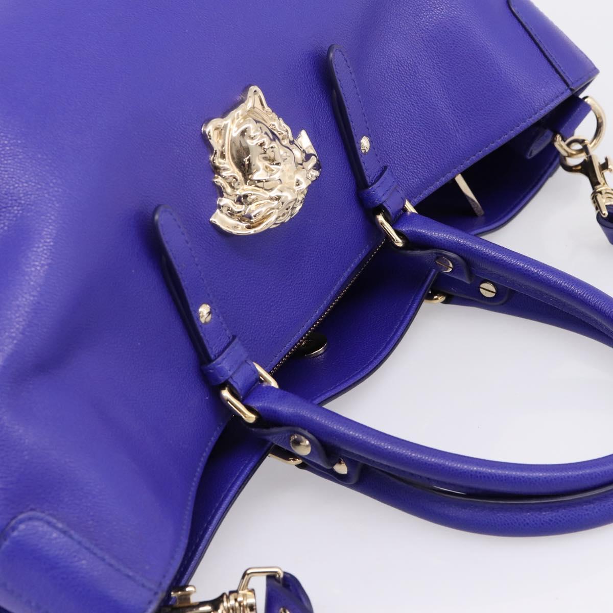 VERSACE Medusa Tote Bag Leather 2way Blue Gold Tone Auth BA14875V