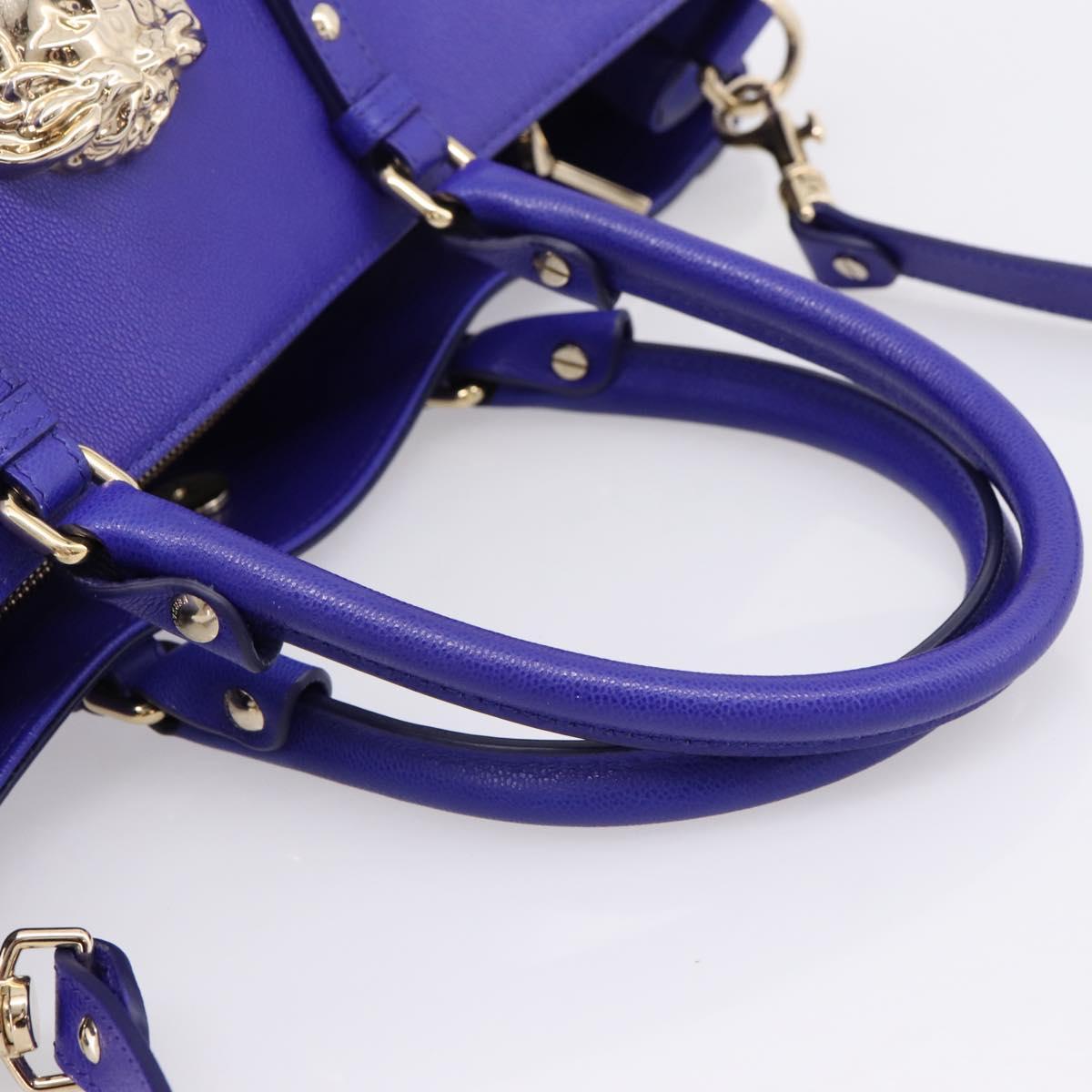 VERSACE Medusa Tote Bag Leather 2way Blue Gold Tone Auth BA14875V