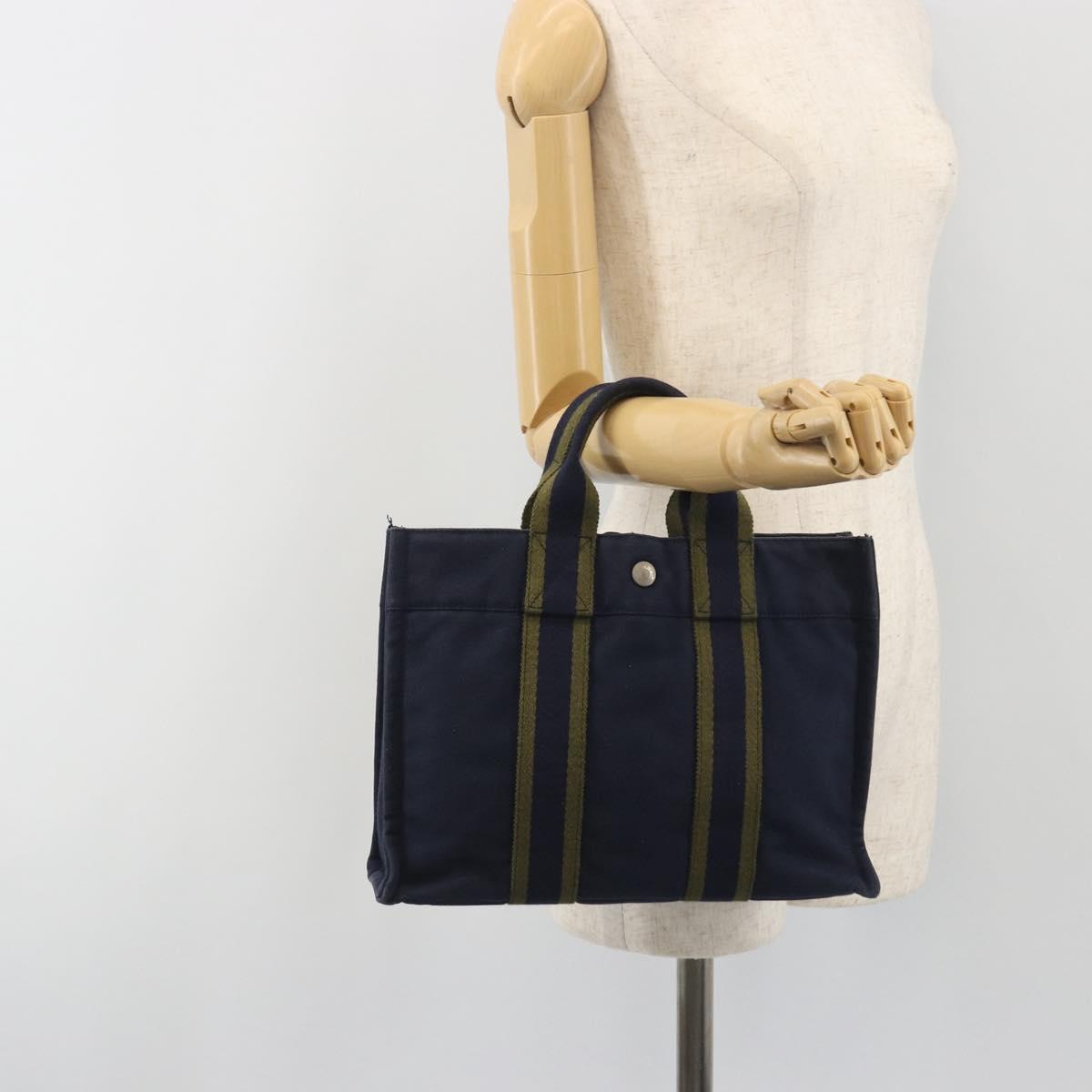 HERMES Fourre Tout PM Hand Bag Cotton Navy Silver Auth BA14878