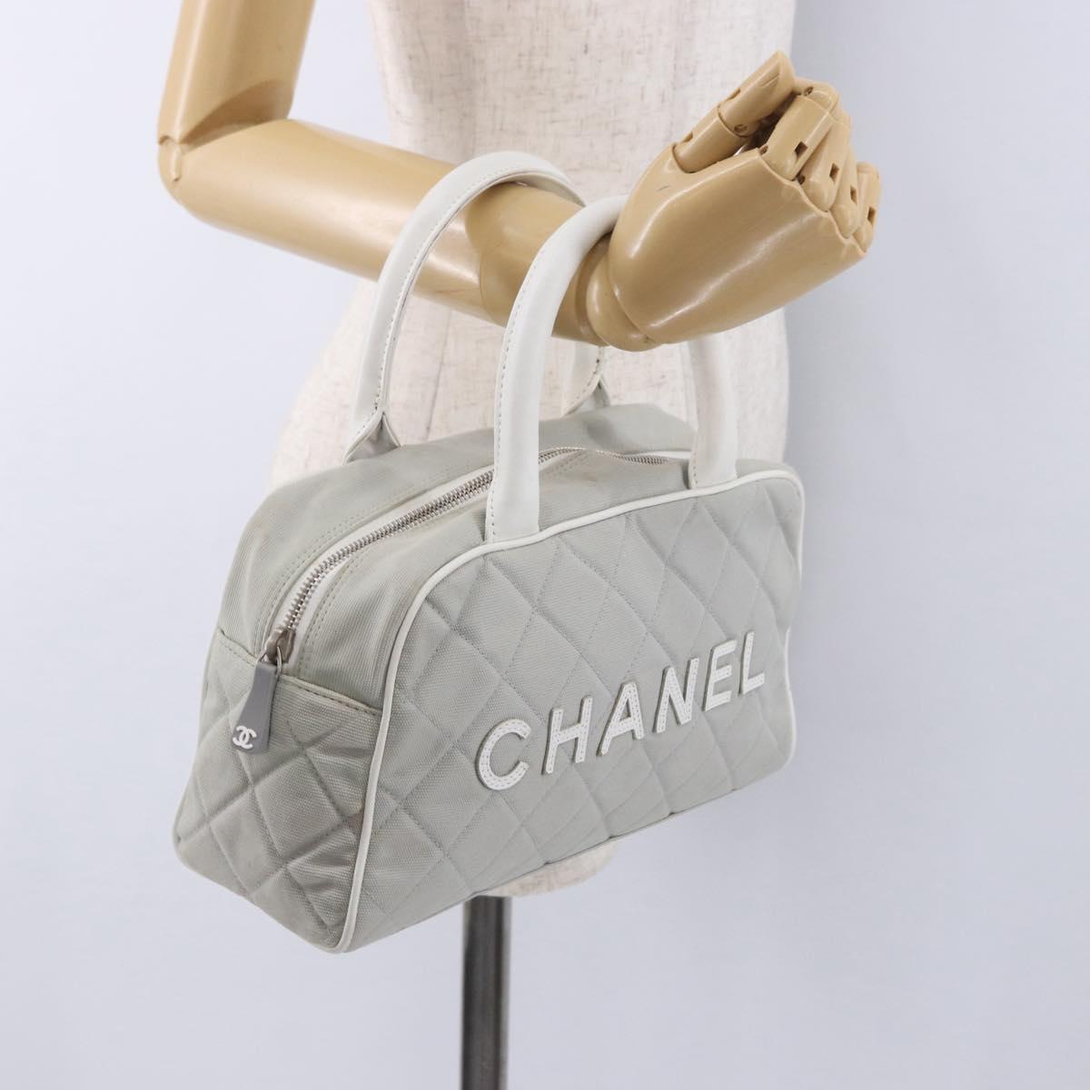 CHANEL Sports Hand Bag Canvas Gray Silver CC Auth BA14884A