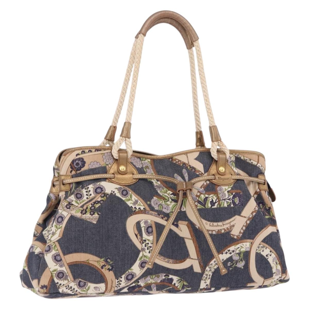 Salvatore Ferragamo Denim Gancini purse Tote Bag Navy Gold Tone Auth BA14886A