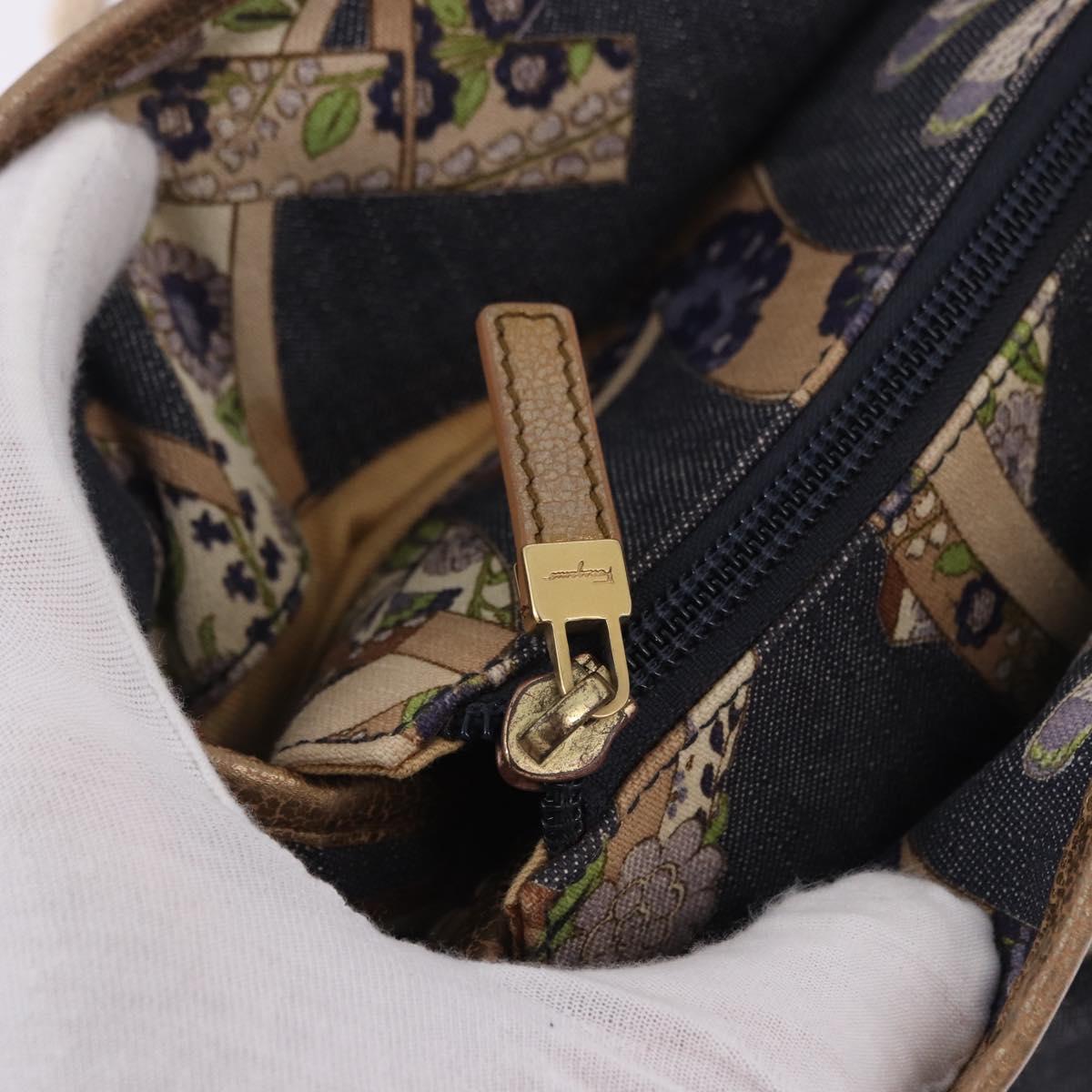 Salvatore Ferragamo Denim Gancini purse Tote Bag Navy Gold Tone Auth BA14886A