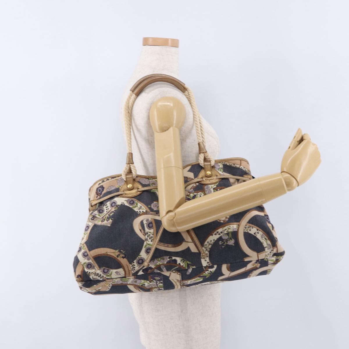 Salvatore Ferragamo Denim Gancini purse Tote Bag Navy Gold Tone Auth BA14886A