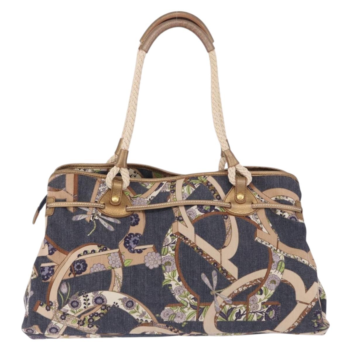 Salvatore Ferragamo Denim Gancini purse Tote Bag Navy Gold Tone Auth BA14886A