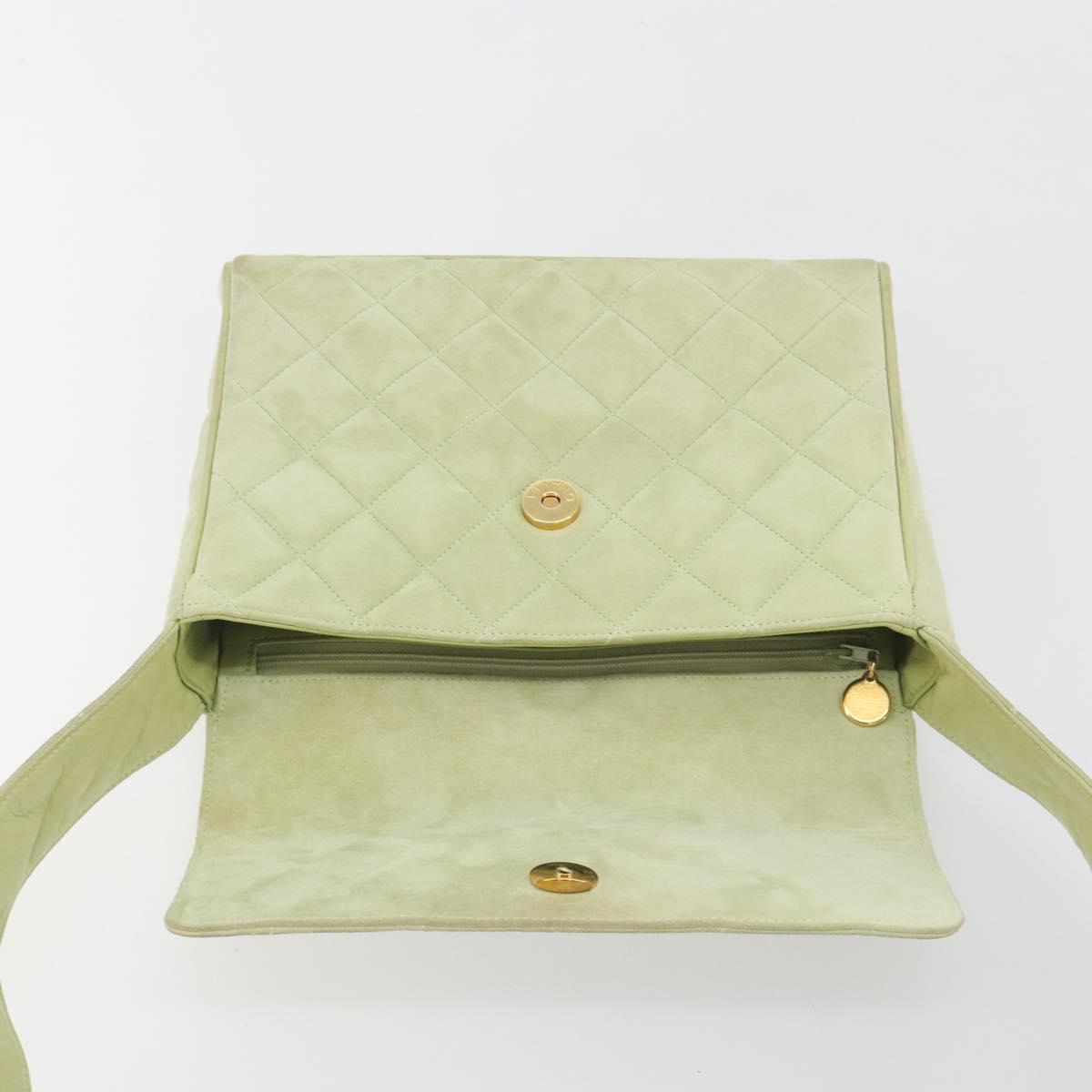 CHANEL Matelasse Shoulder Bag Suede Green Gold Tone CC Auth BA14888A