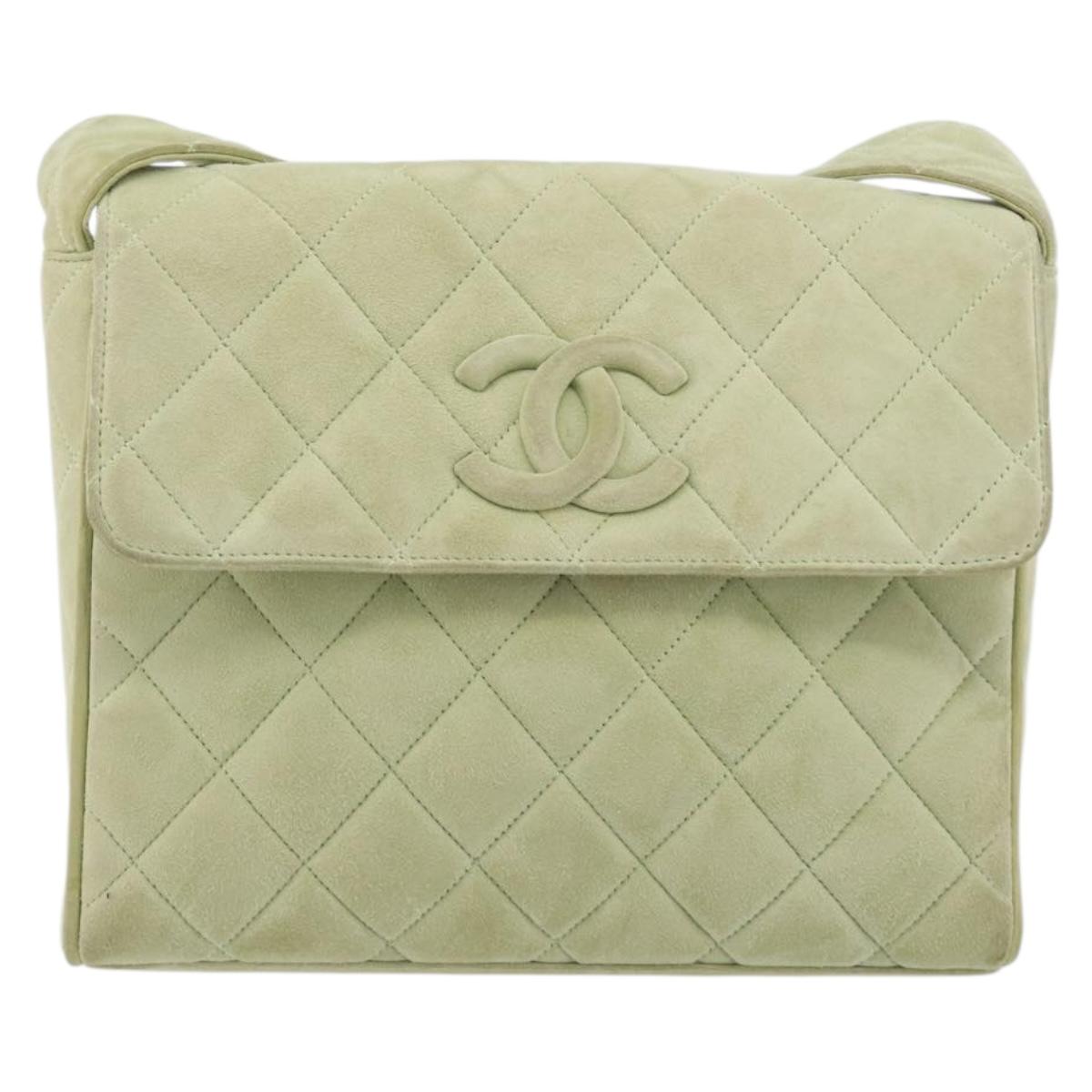 CHANEL Matelasse Shoulder Bag Suede Green Gold Tone CC Auth BA14888A