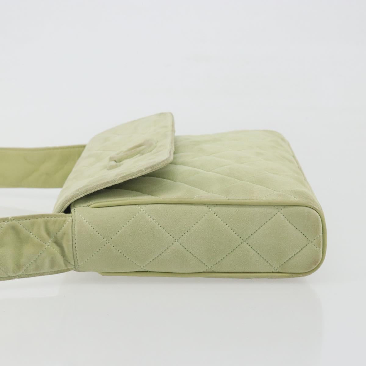 CHANEL Matelasse Shoulder Bag Suede Green Gold Tone CC Auth BA14888A
