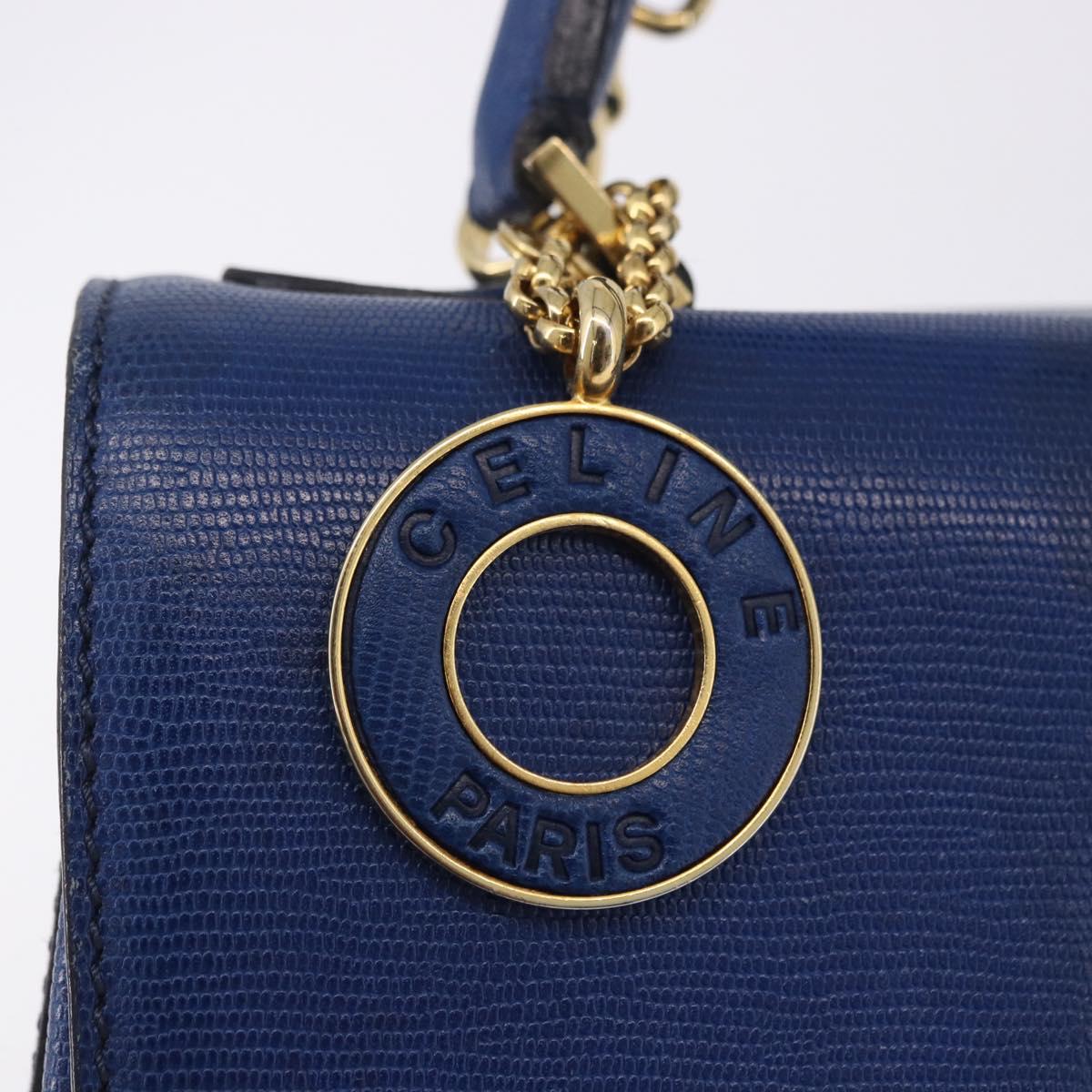 CELINE Circle Hand Bag Leather 2way Blue Gold Tone Auth BA14889A